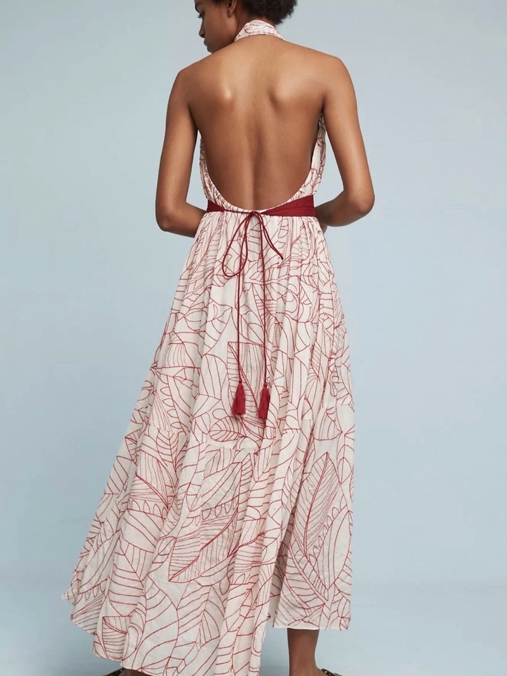 Anthropologie Cream Maxi Dress with Red Leaf Print - Picture 3 of 11